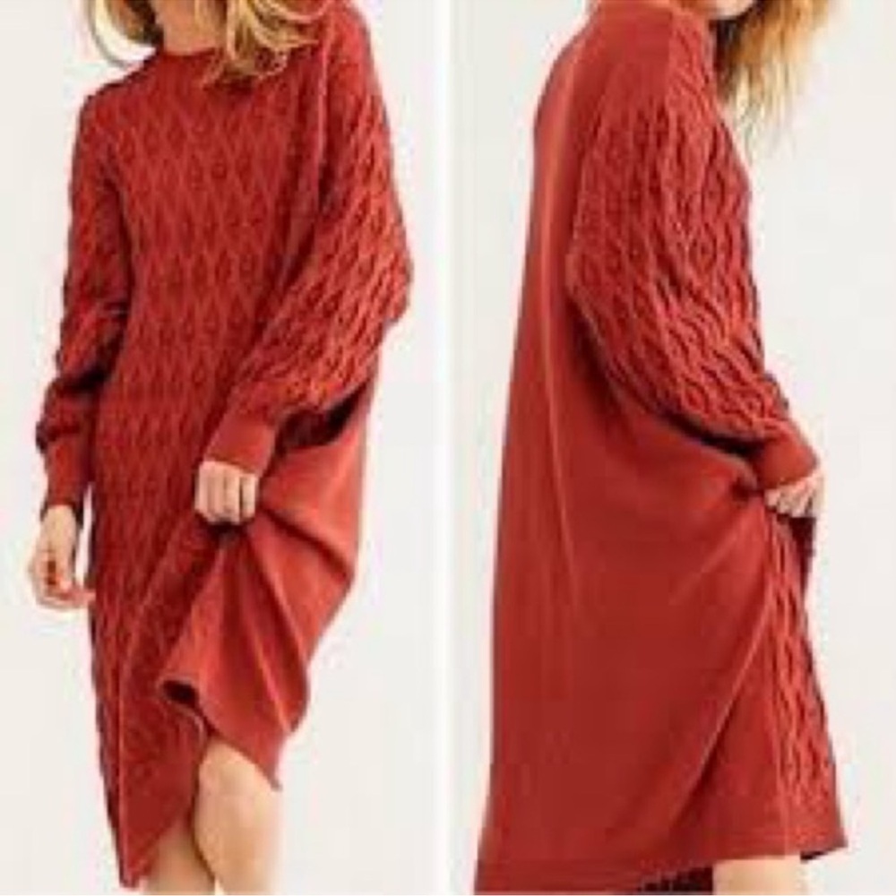 Free People Nicole Oversized Rust diamond Cable Knit Sweater S cotton poly Dress